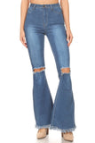 Frayed High Waist Flare Stretch Denim - Medium Blue