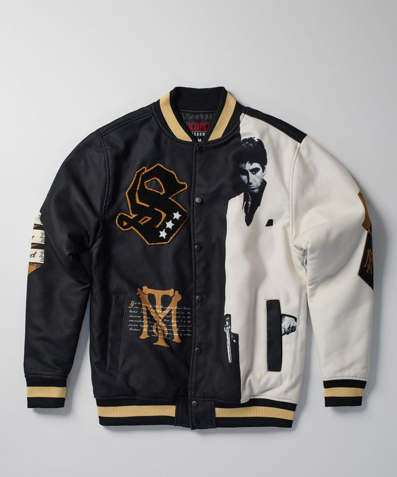 SCARFACE スカーフェイス バーシティ ジャケット REASON Reason - Scarface Varsity Jacket - Black/White– Sixteen Bars